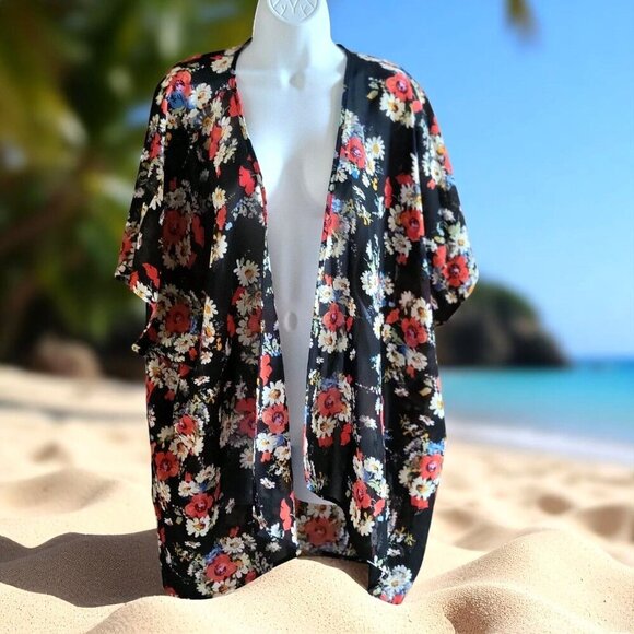 Speed Control Lightweight Multicolor Floral Open Front Cardigan Kimono- M - Picture 1 of 8